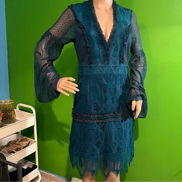 NWT $195 foxiedox | Gloria | Lace Dress with Sheer Arms in Sapphire & Teal Black - Picture 4 of 16